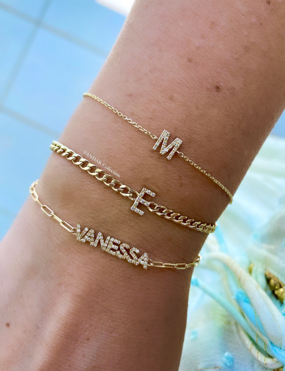 14K gold and diamonds initial bracelet | custom 14K gold letter bracelet | personalized 14K gold and diamonds mini pave initial bracelet