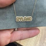 14K gold and diamond pave outline necklace. Custom pave outline necklace. Personalized 14K gold bubble necklace. Custom 14K bubble necklace