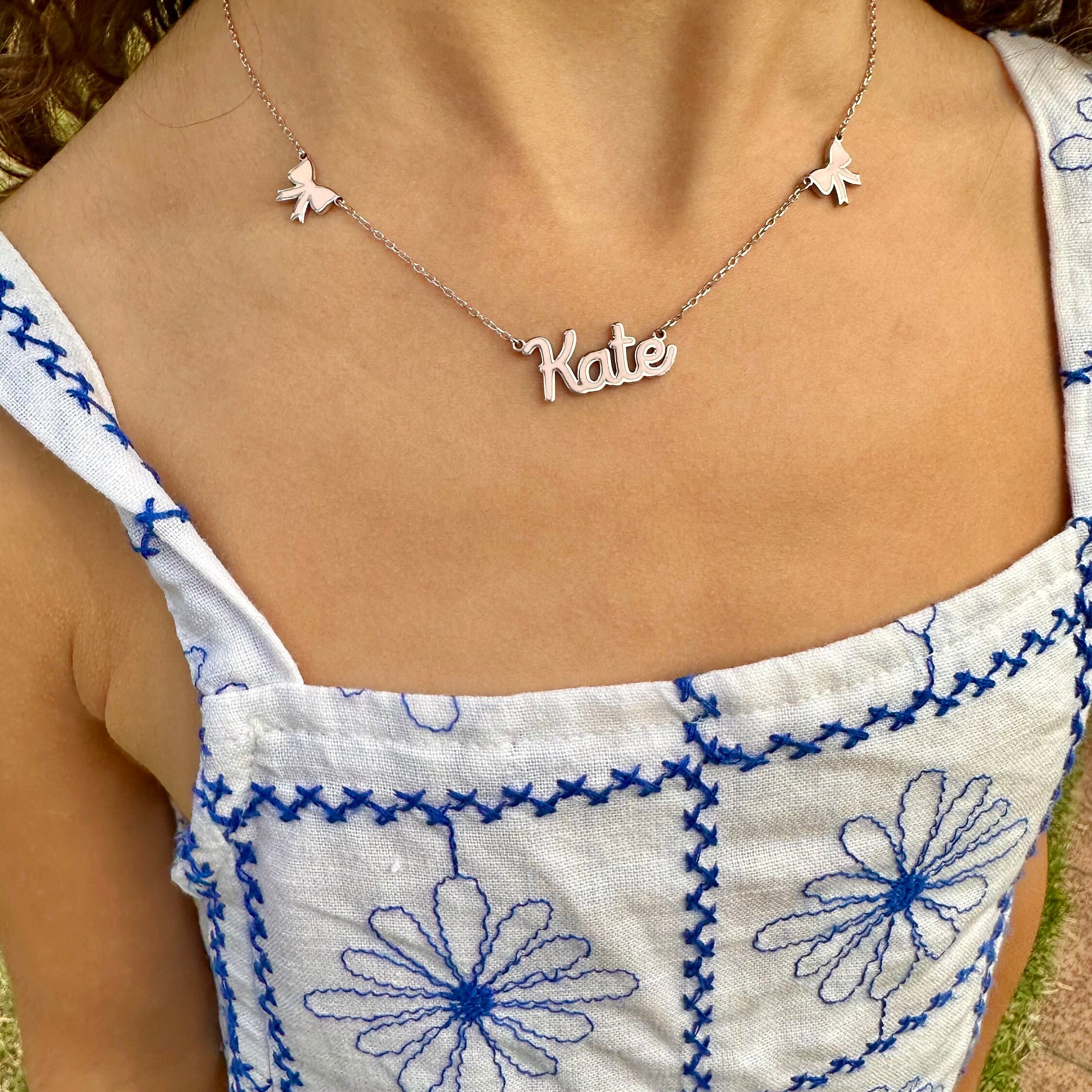 Sterling silver 14K gold plated Enamel Script Kate Nameplate Necklace with bows | Enamel Hebrew Name Necklace | Personalized enamel Jewelry