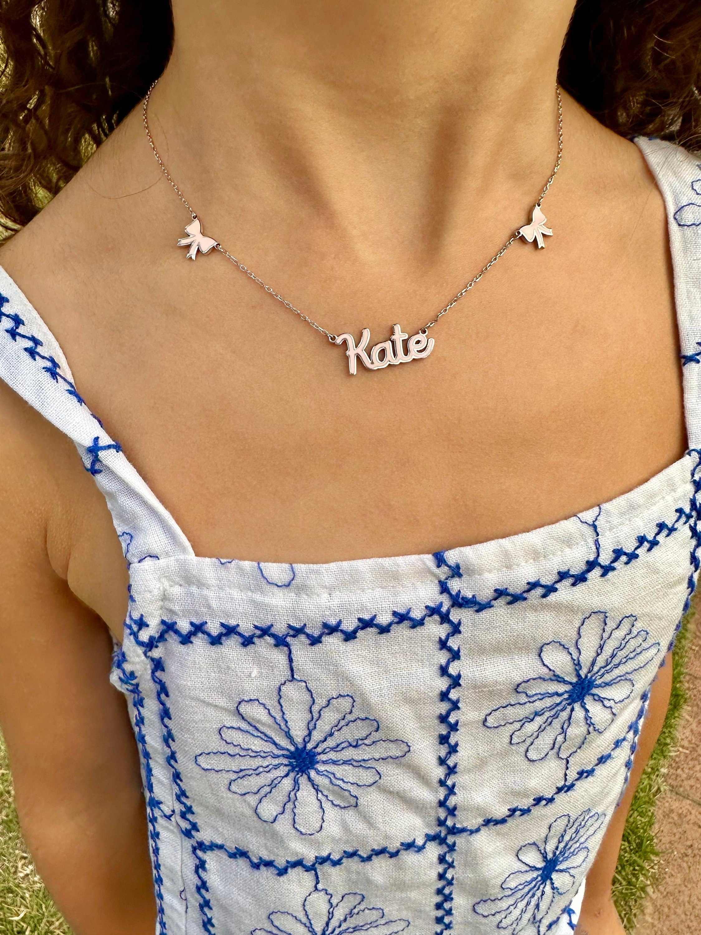 Sterling silver 14K gold plated Enamel Script Kate Nameplate Necklace with bows | Enamel Hebrew Name Necklace | Personalized enamel Jewelry