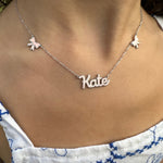 Sterling silver 14K gold plated Enamel Script Kate Nameplate Necklace with bows | Enamel Hebrew Name Necklace | Personalized enamel Jewelry