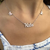 Sterling silver 14K gold plated Enamel Script Kate Nameplate Necklace with bows | Enamel Hebrew Name Necklace | Personalized enamel Jewelry