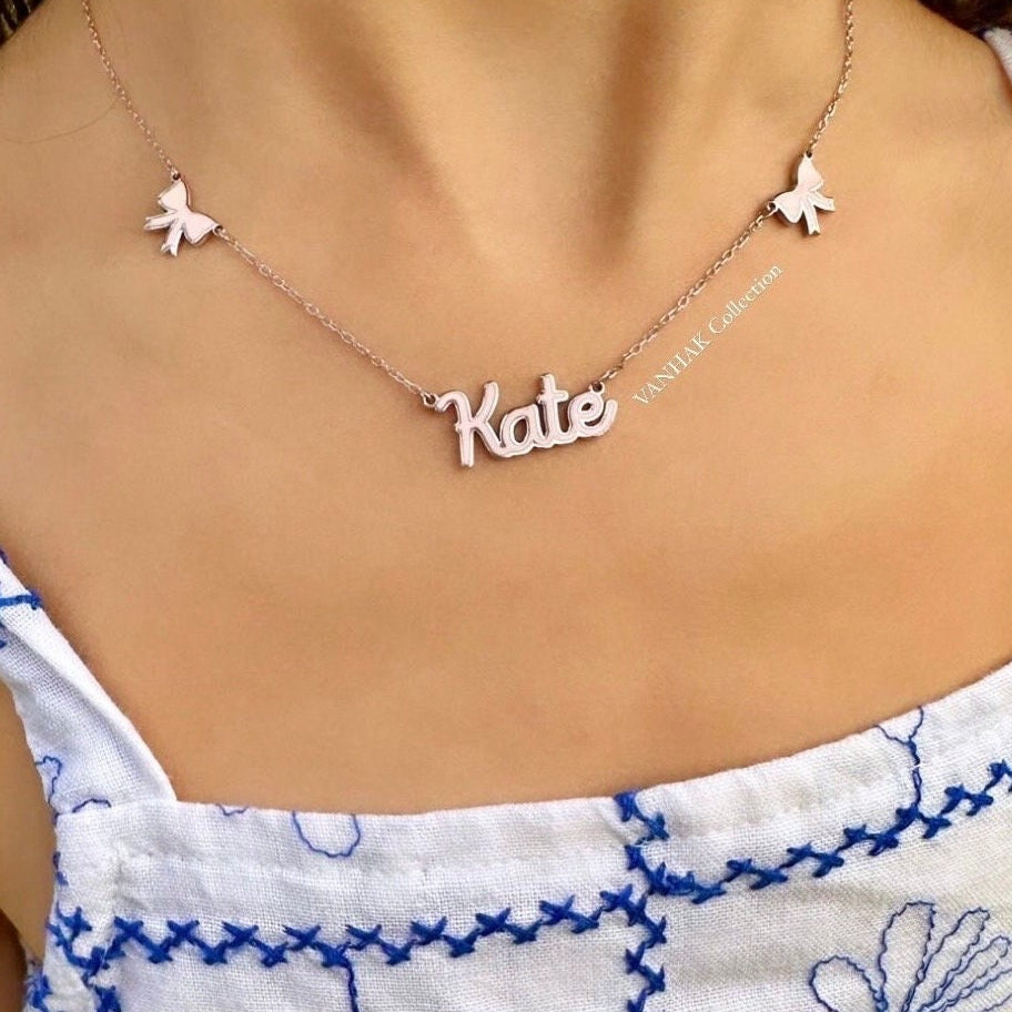 Sterling silver 14K gold plated Enamel Script Kate Nameplate Necklace with bows | Enamel Hebrew Name Necklace | Personalized enamel Jewelry