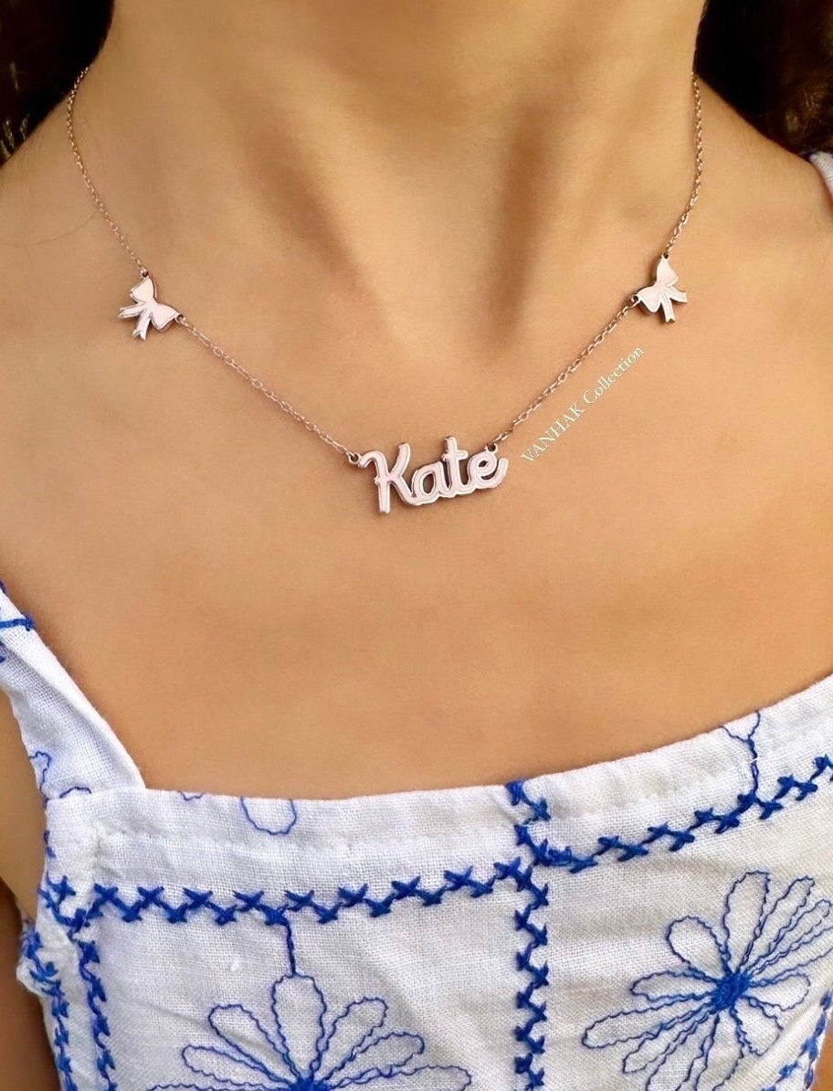 Sterling silver 14K gold plated Enamel Script Kate Nameplate Necklace with bows | Enamel Hebrew Name Necklace | Personalized enamel Jewelry