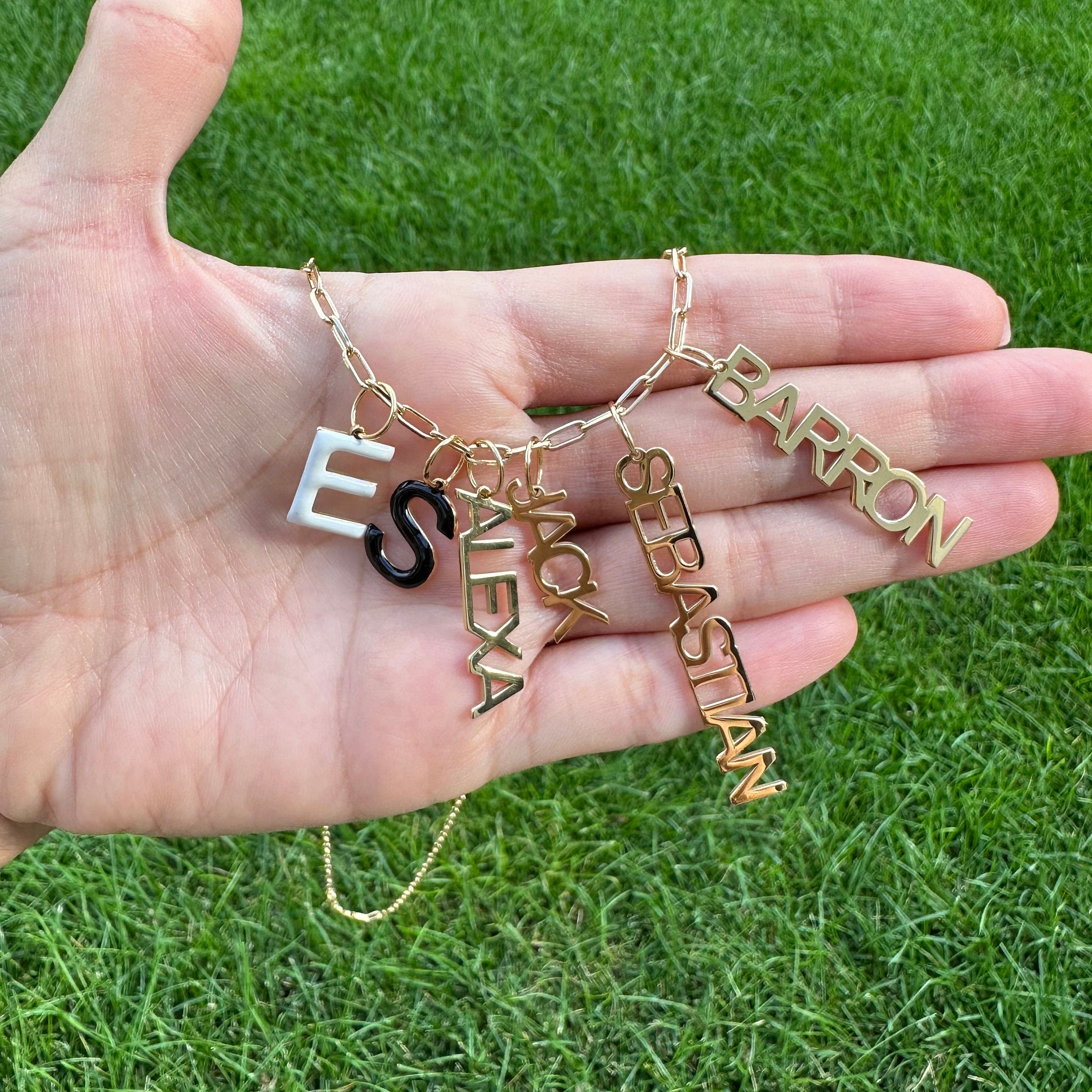As seen on Esther and Sasha! Personalized Name Charms. Custom Charms. Enamel initial charms. Custom name charms.