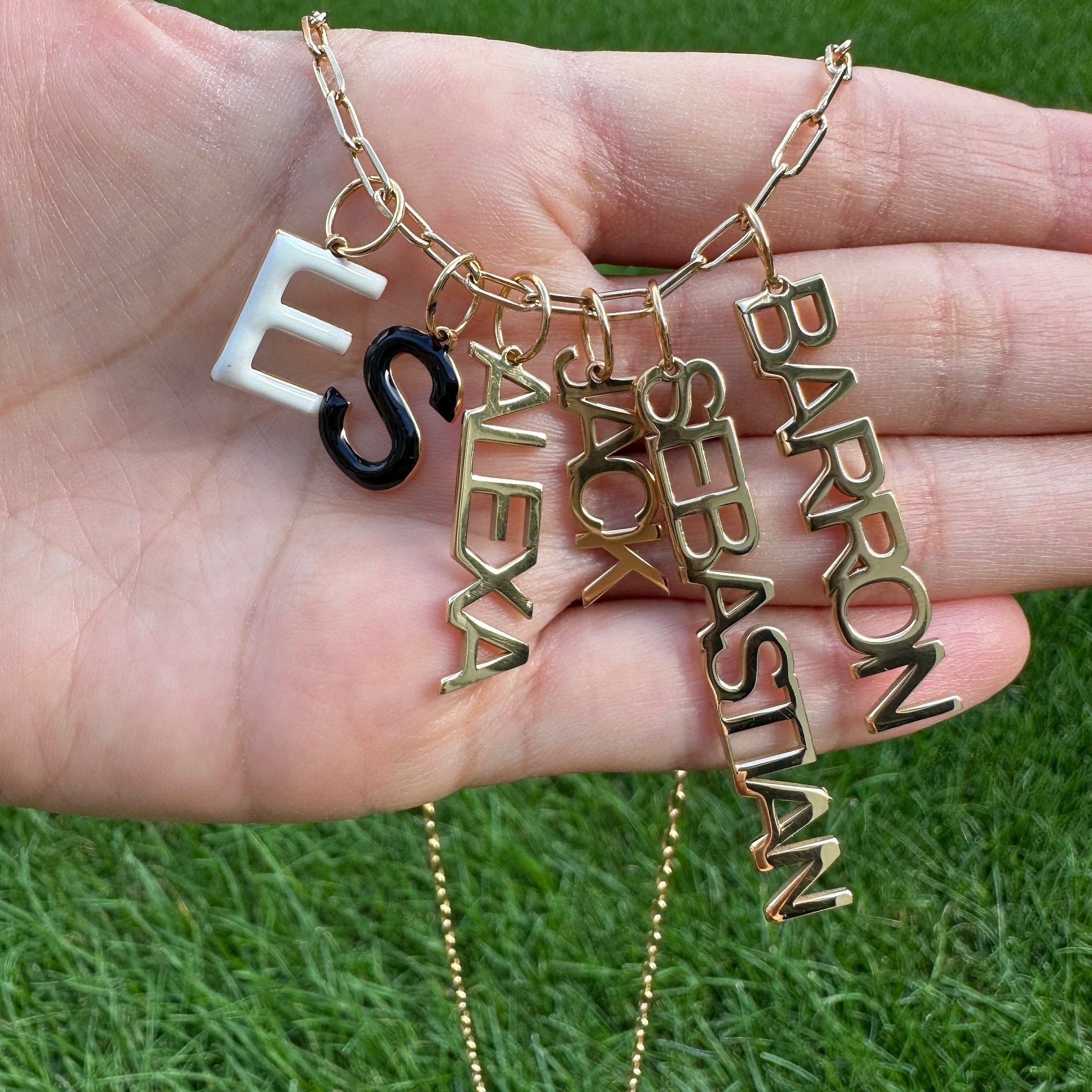 As seen on Esther and Sasha! Personalized Name Charms. Custom Charms. Enamel initial charms. Custom name charms.