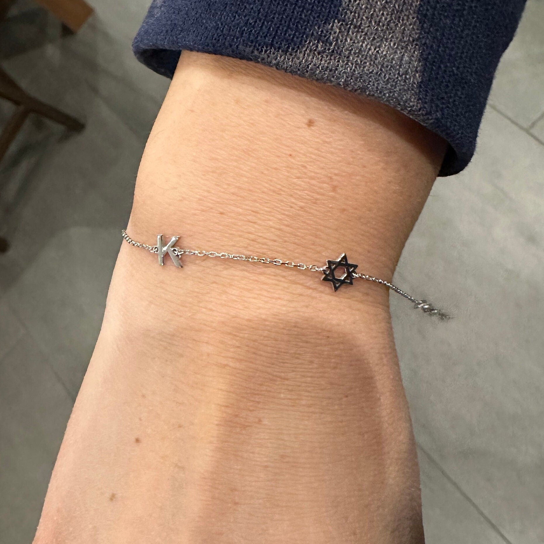 Initial jewish star bracelet. Initial plus Star of David bracelet. Custom initial Jewish star bracelet. Personalized Jewish star bracelets.