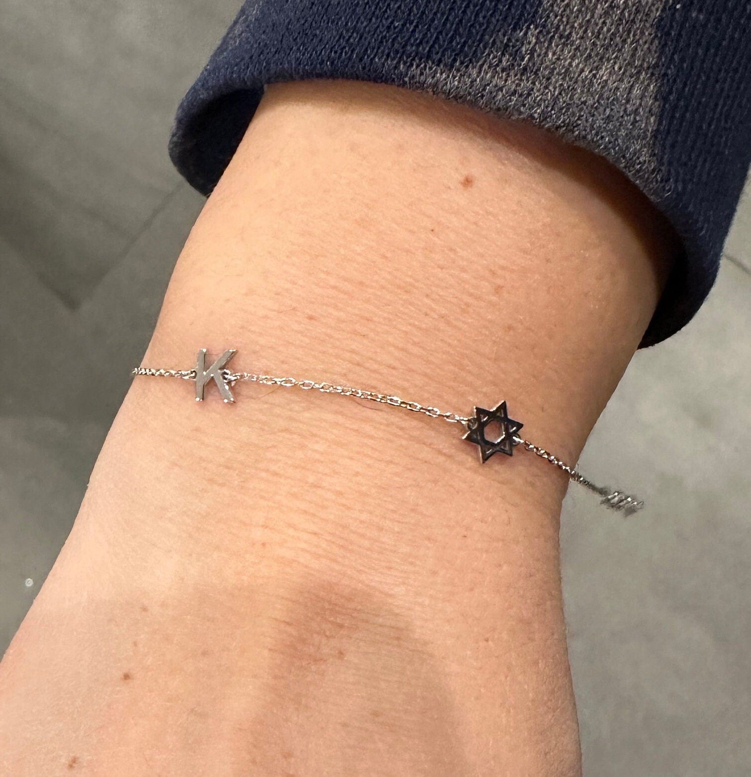 Initial jewish star bracelet. Initial plus Star of David bracelet. Custom initial Jewish star bracelet. Personalized Jewish star bracelets.