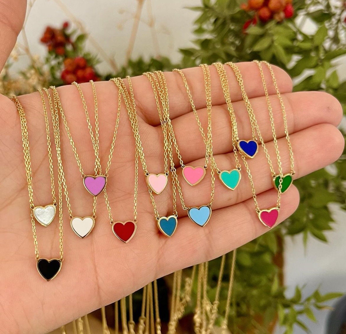 Sterling silver and gold plated mini heart enamel necklace. Enamel heart necklace. Enamel heart choker.
