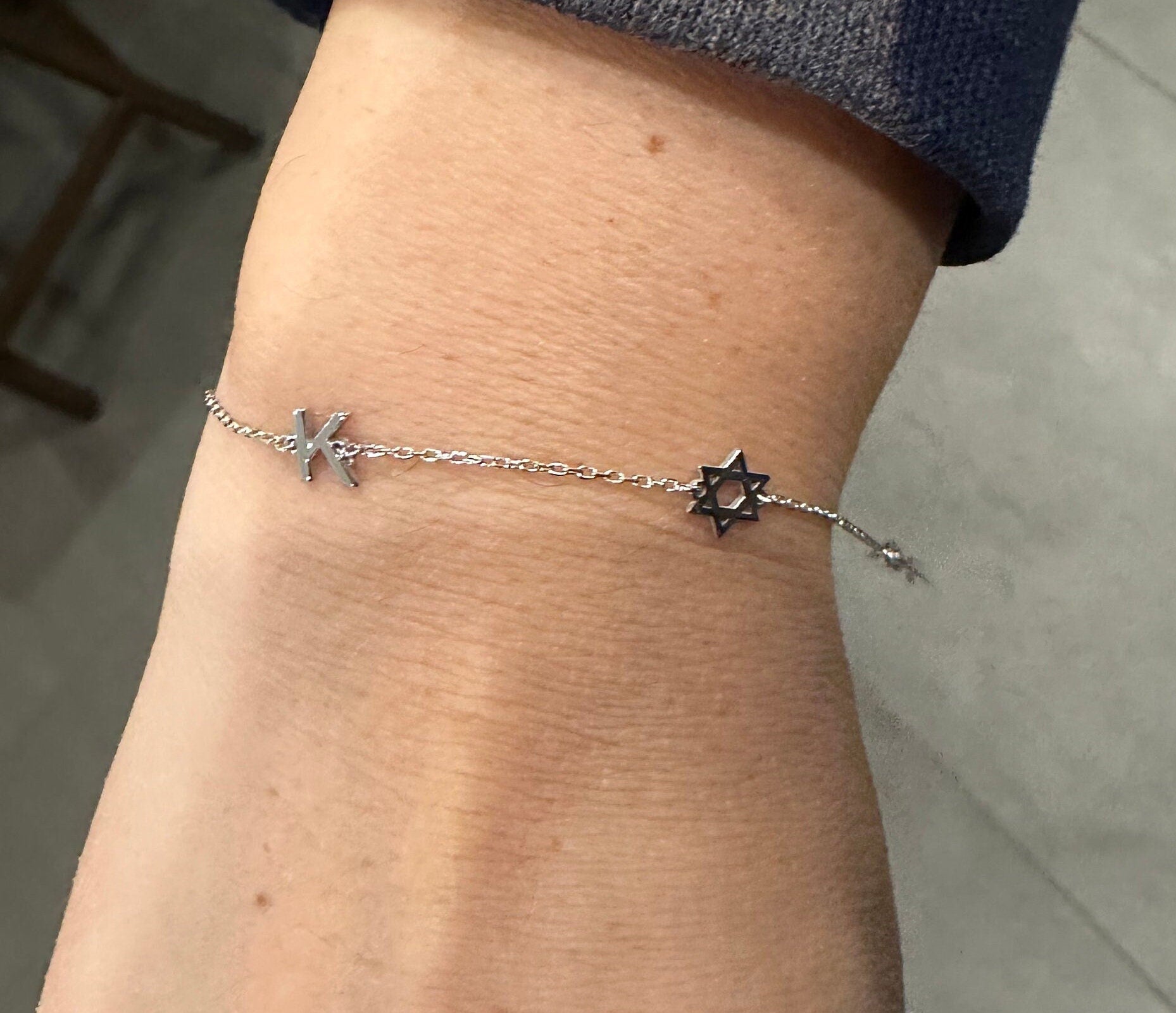 Initial jewish star bracelet. Initial plus Star of David bracelet. Custom initial Jewish star bracelet. Personalized Jewish star bracelets.