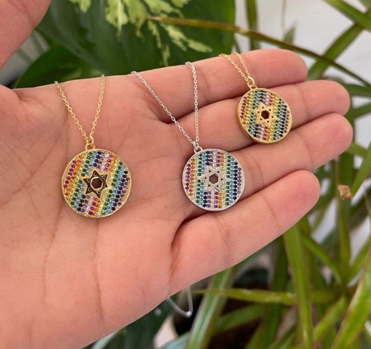 Rainbow pave Jewish star necklace | rainbow pave Star of David necklace | Rainbow disc Star of David necklace | rainbow disc Jewish star
