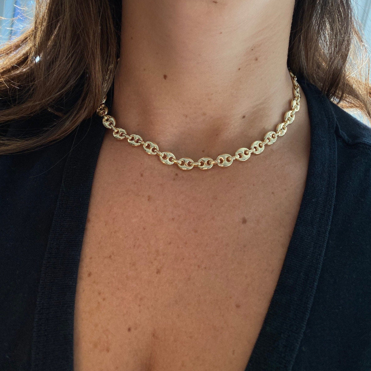18K gold-filled puffed Mariner link choker | Mariner chain necklace | gold chain necklaces | puffed Mariner chain necklace gold and silver