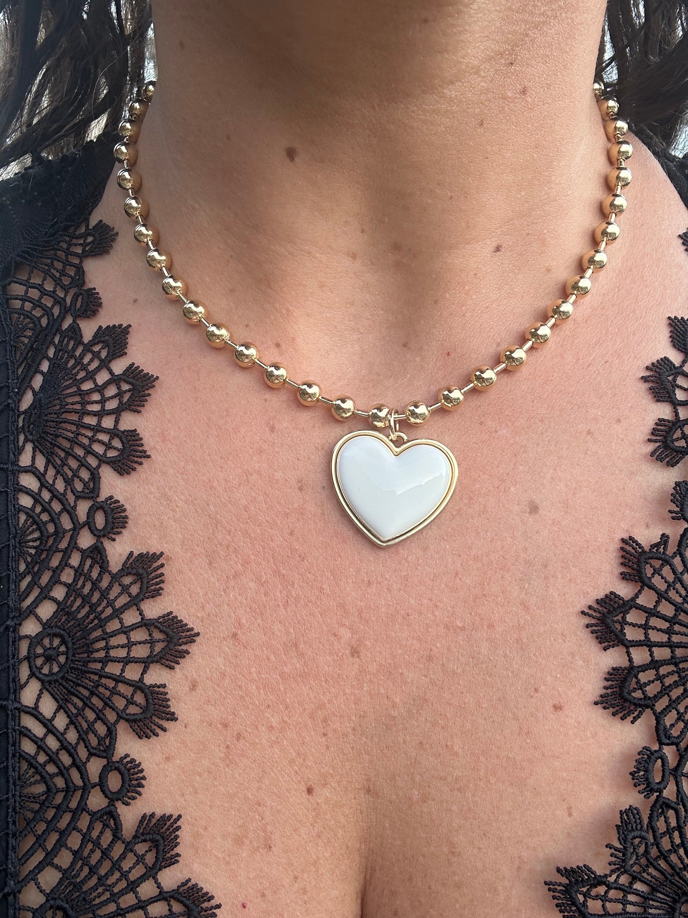 18K gold-filled large ball necklace with white enamel heart | gold-filled Bailey chain necklaces l ball chain and heart charm necklace