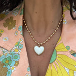 18K gold-filled large ball necklace with white enamel heart | gold-filled Bailey chain necklaces l ball chain and heart charm necklace