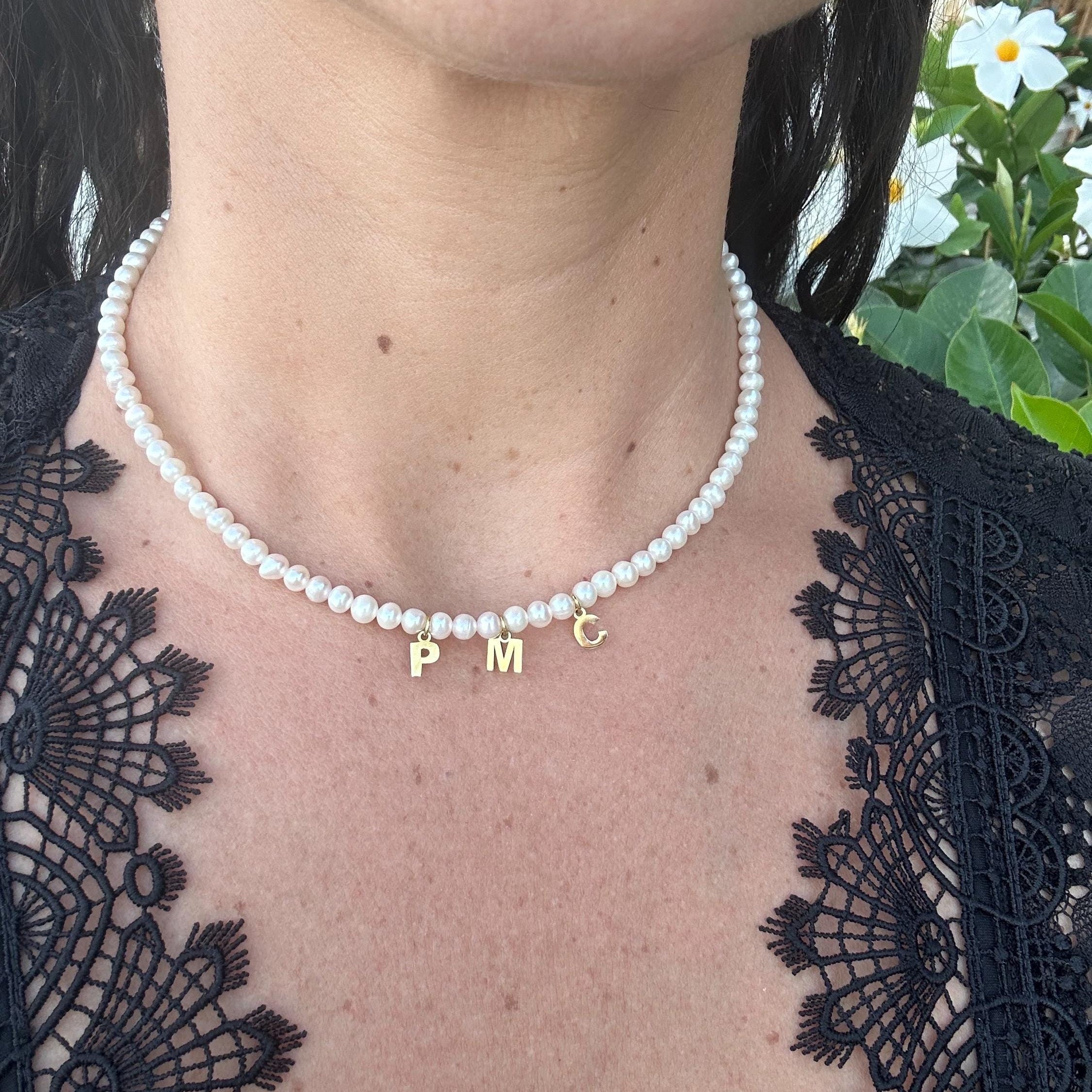 Mommy necklace with pearls and initials. Sterling silver and 14K gold plated. Available in gold or silver.