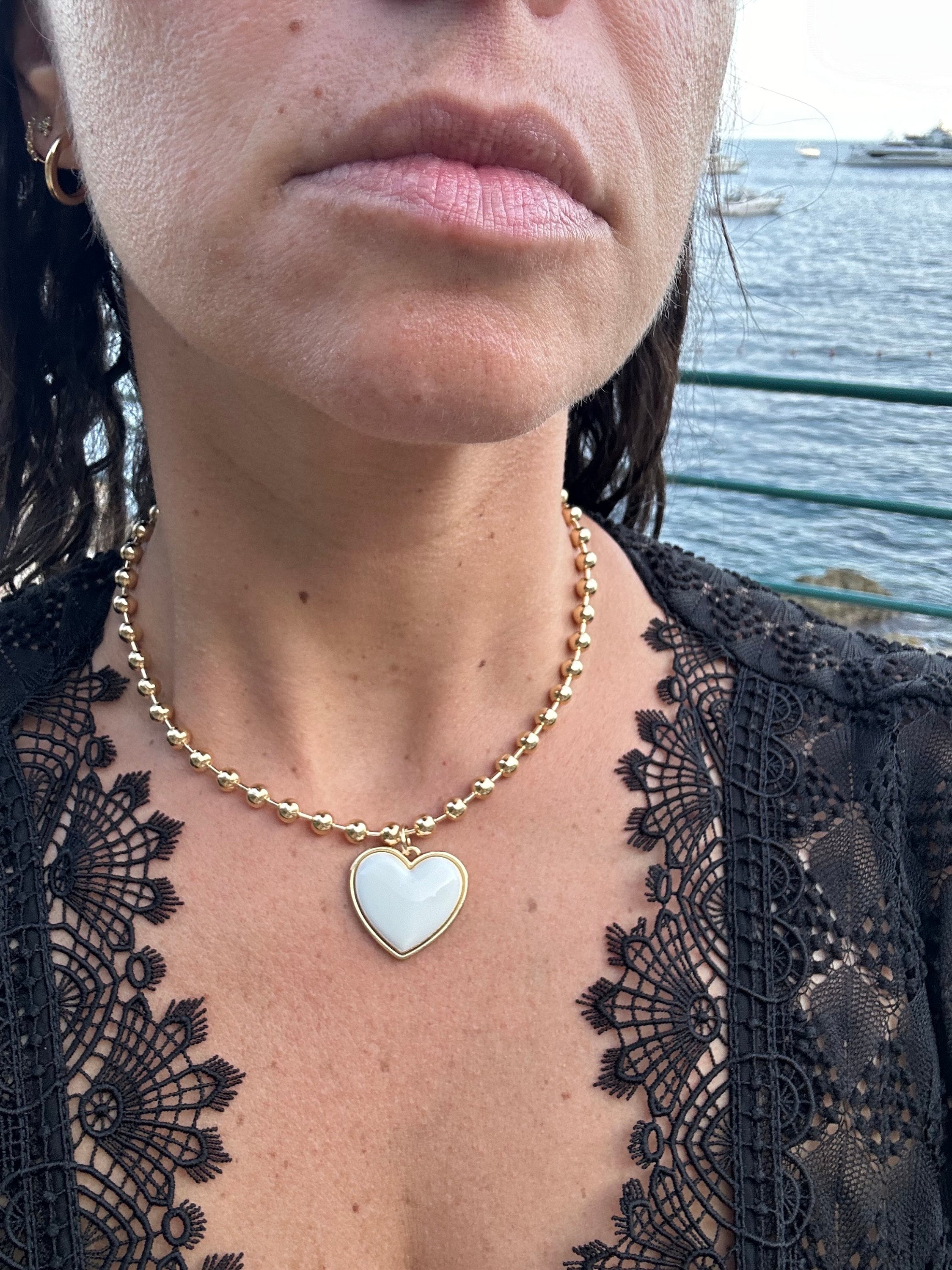 18K gold-filled large ball necklace with white enamel heart | gold-filled Bailey chain necklaces l ball chain and heart charm necklace