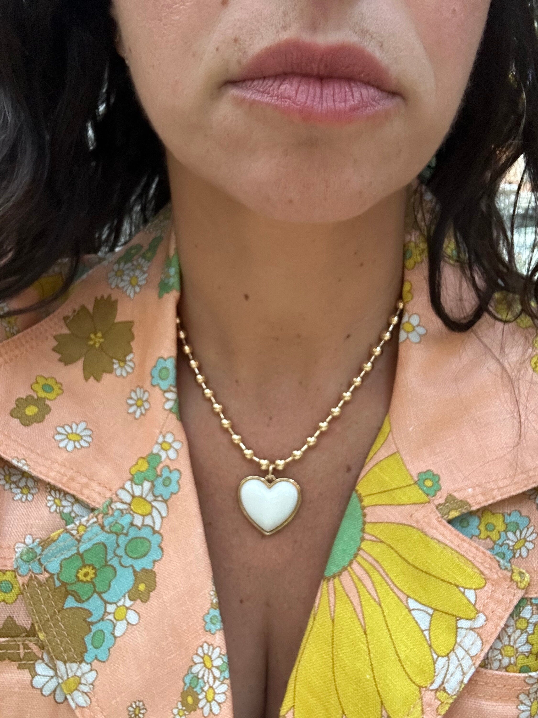 18K gold-filled large ball necklace with white enamel heart | gold-filled Bailey chain necklaces l ball chain and heart charm necklace