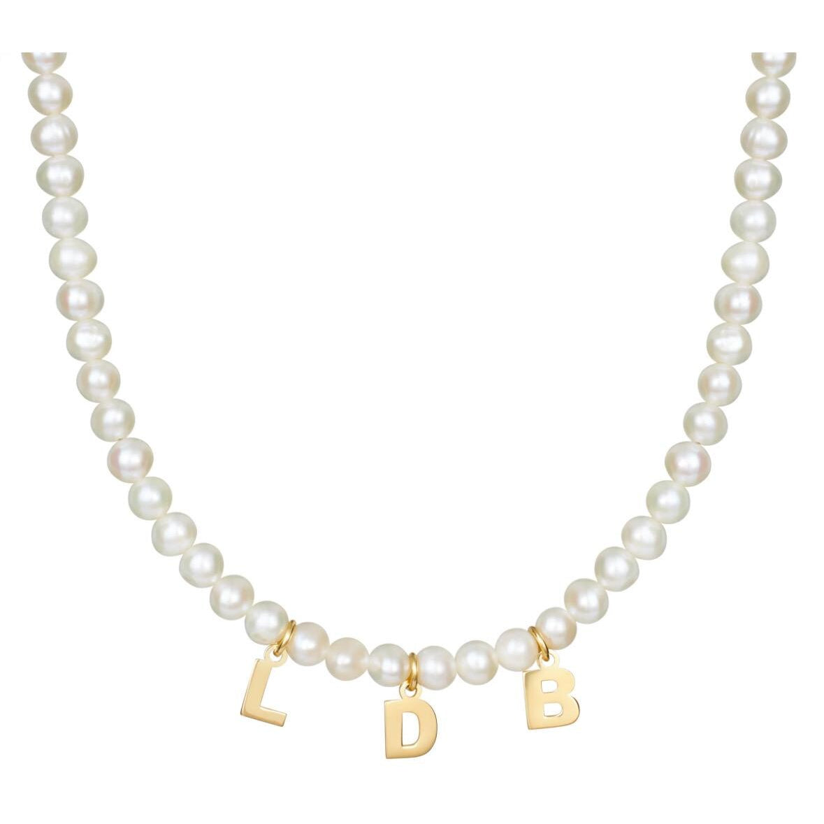 Mommy necklace with pearls and initials. Sterling silver and 14K gold plated. Available in gold or silver.