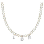 Mommy necklace with pearls and initials. Sterling silver and 14K gold plated. Available in gold or silver.