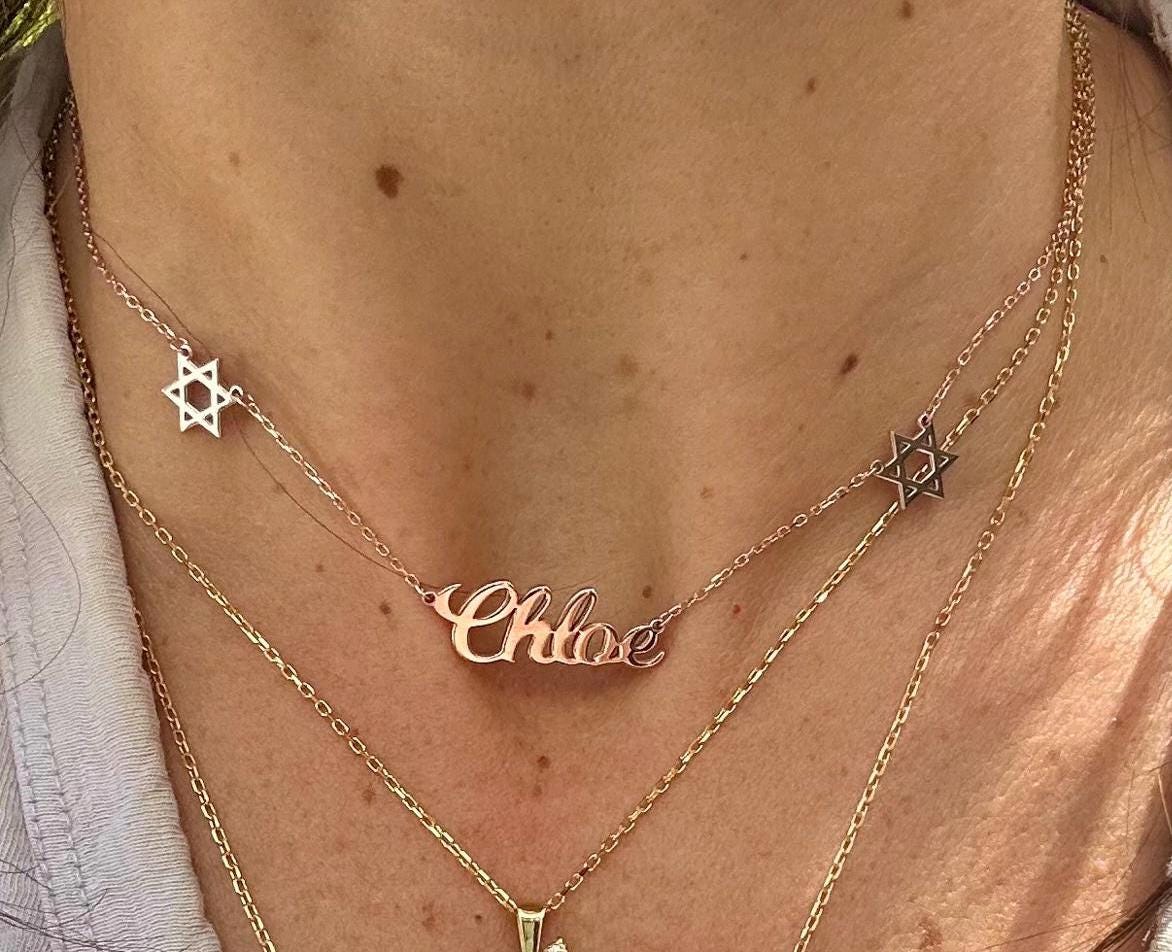 Nameplate with Jewish stars | personalized name necklace with Star of David | Jewish star nameplate necklace | custom Star of David necklace