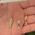 Sterling silver and gold plated enamel fish necklaces. Enamel fish jewelry. Enamel fish choker.