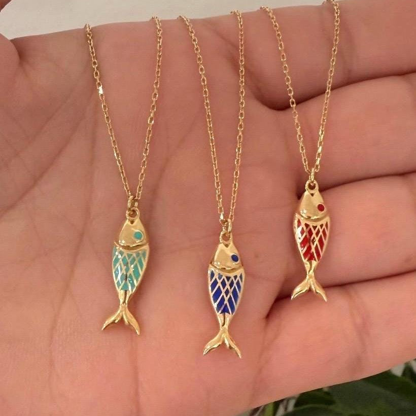 Sterling silver and gold plated enamel fish necklaces. Enamel fish jewelry. Enamel fish choker.