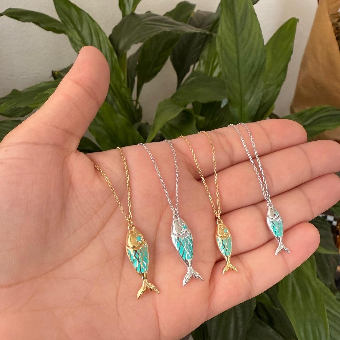 Sterling silver and gold plated enamel fish necklaces. Enamel fish jewelry. Enamel fish choker.