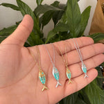 Sterling silver and gold plated enamel fish necklaces. Enamel fish jewelry. Enamel fish choker.