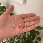 Sterling silver and gold plated enamel fish necklaces. Enamel fish jewelry. Enamel fish choker.
