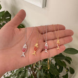Sterling silver and gold plated enamel fish necklaces. Enamel fish jewelry. Enamel fish choker.