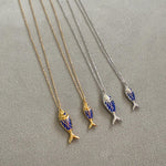 Sterling silver and gold plated enamel fish necklaces. Enamel fish jewelry. Enamel fish choker.