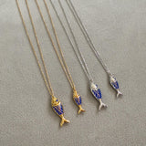 Sterling silver and gold plated enamel fish necklaces. Enamel fish jewelry. Enamel fish choker.
