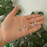 Sterling silver and gold plated enamel fish necklaces. Enamel fish jewelry. Enamel fish choker.