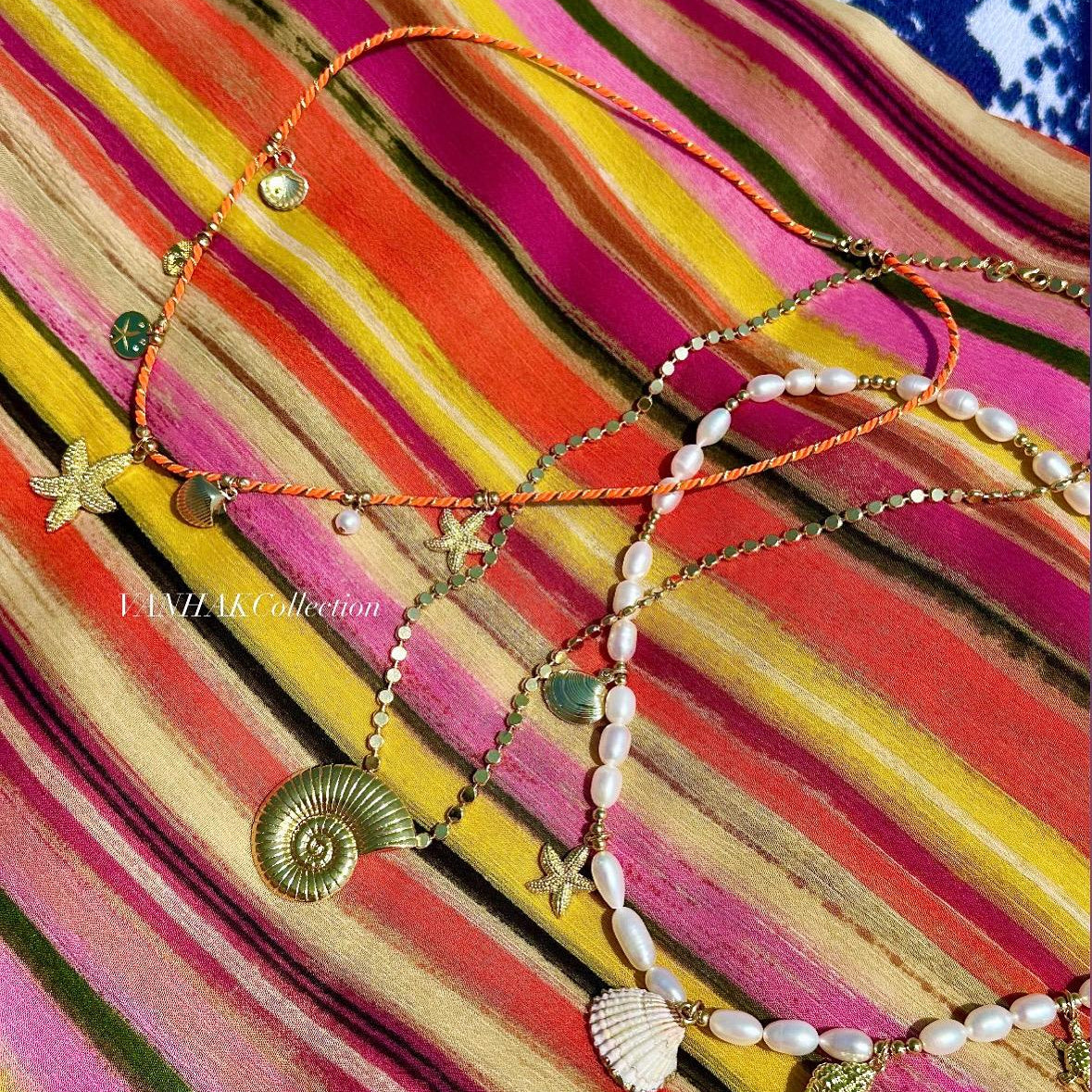 Julia pearls and shells charm necklace | Lauren sea life charm necklace with orange chord | summer jewelry | summer necklace