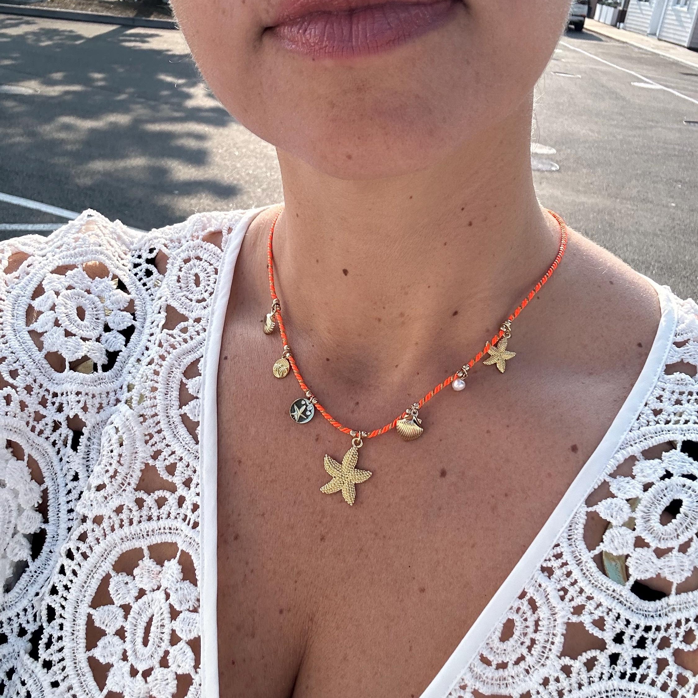 Julia pearls and shells charm necklace | Lauren sea life charm necklace with orange chord | summer jewelry | summer necklace