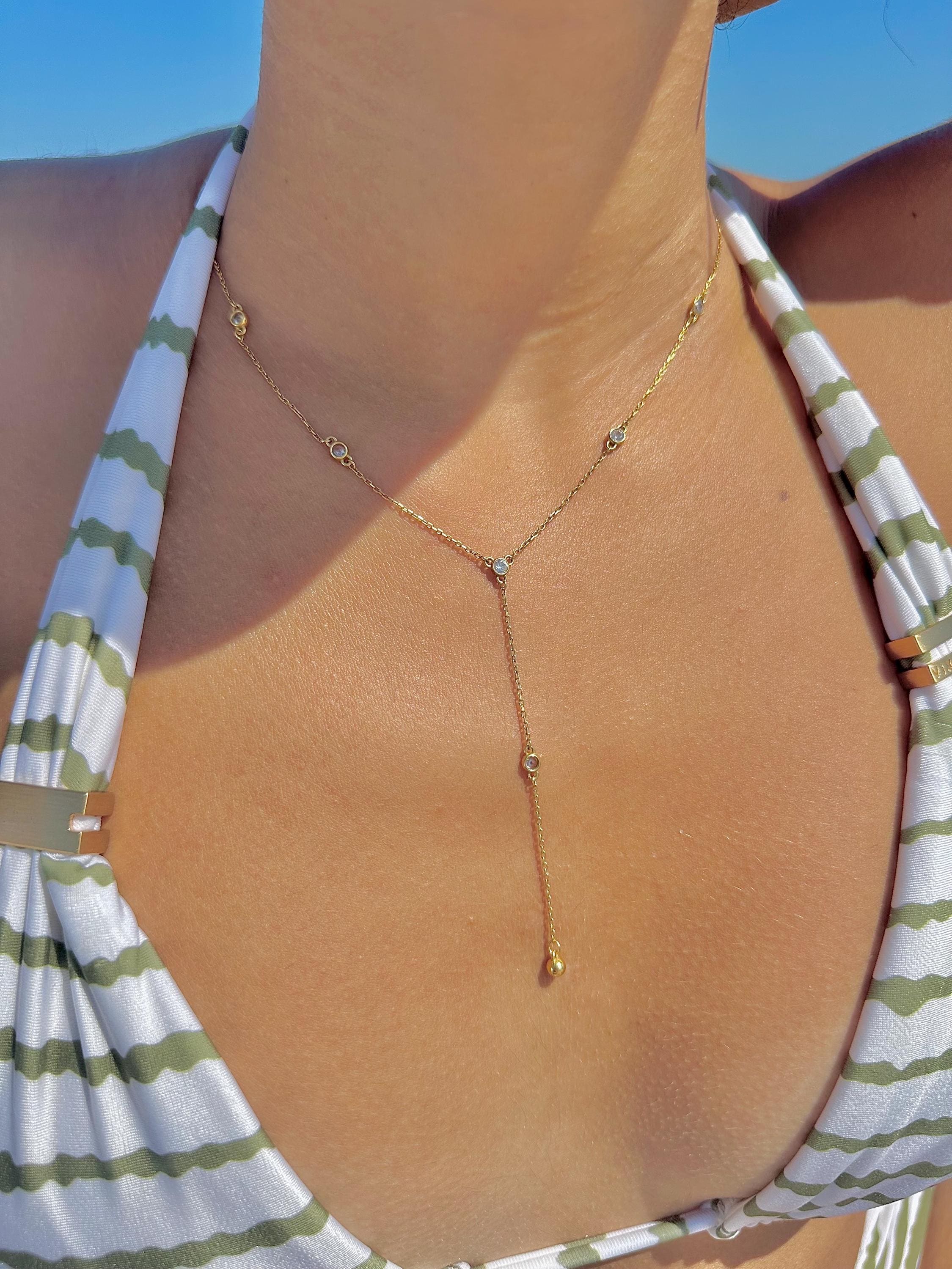 Mimi diamond bezel lariat necklace. Diamond by the yard lariat necklace. Diamond lariat necklace. Sterling silver gold plated.