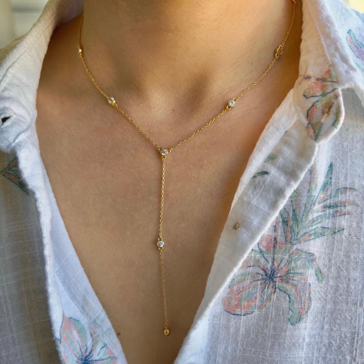 Mimi diamond bezel lariat necklace. Diamond by the yard lariat necklace. Diamond lariat necklace. Sterling silver gold plated.