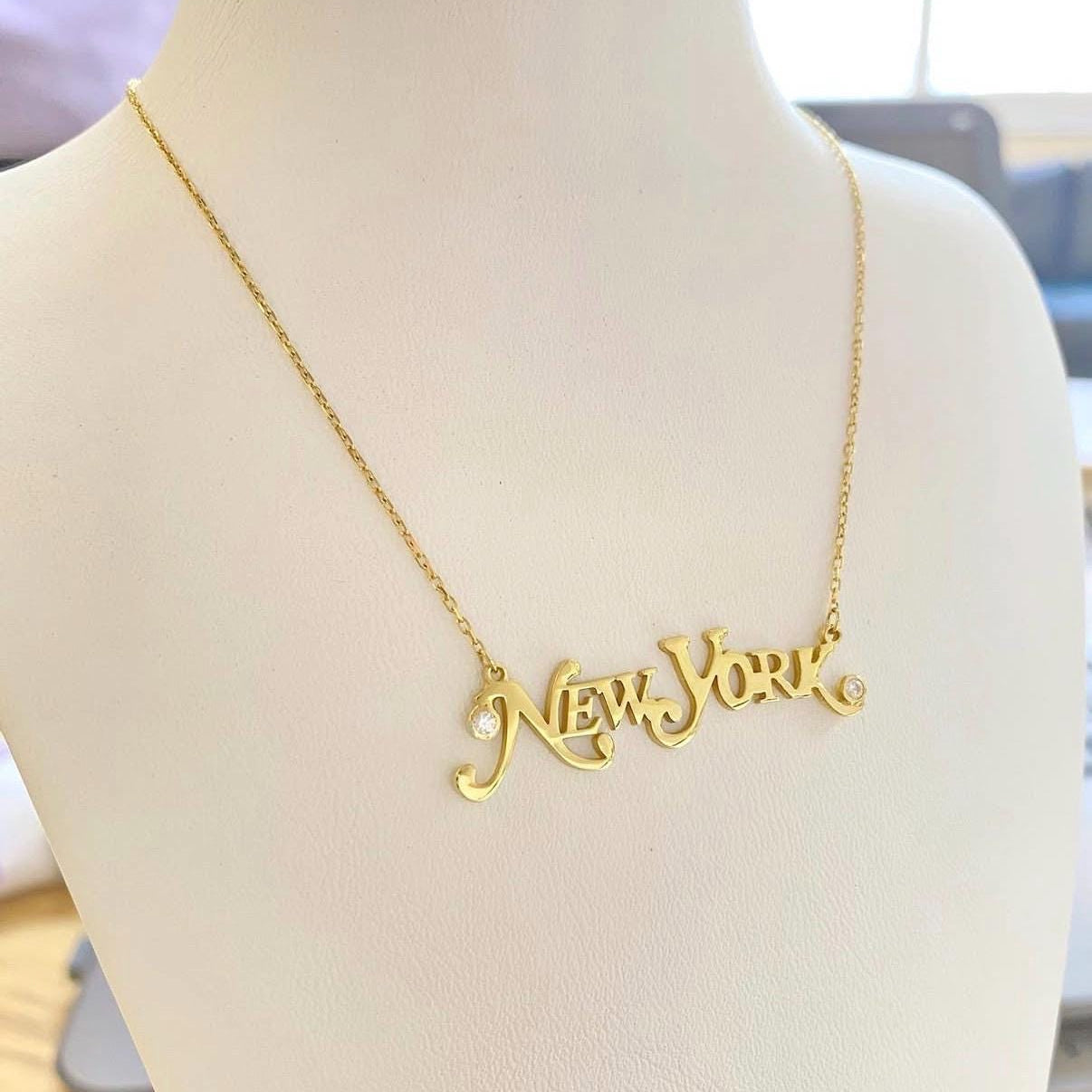 New York script necklave with bezel stones. Sterling silver gold plated. Great gift. Trendy necklace. Teacher appreciation gifts.