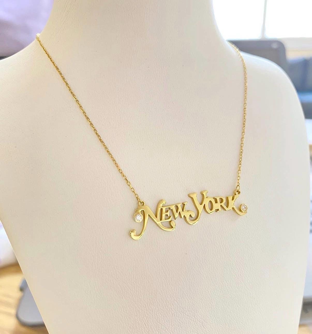 New York script necklave with bezel stones. Sterling silver gold plated. Great gift. Trendy necklace. Teacher appreciation gifts.
