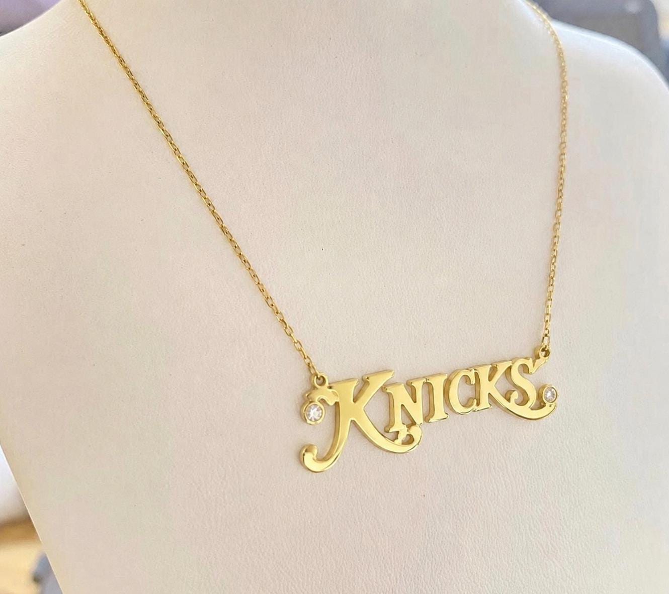 Gold Plated Sterling Silver New York Knicks Necklace with Bezel Stones. Knicks necklace. New York Knickerbockers necklace. Knicks jewelry.
