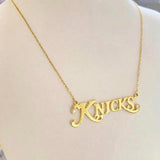 Gold Plated Sterling Silver New York Knicks Necklace with Bezel Stones. Knicks necklace. New York Knickerbockers necklace. Knicks jewelry.