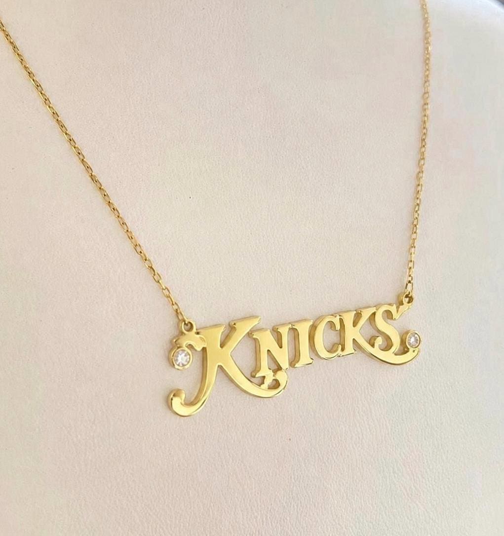 Gold Plated Sterling Silver New York Knicks Necklace with Bezel Stones. Knicks necklace. New York Knickerbockers necklace. Knicks jewelry.