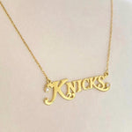 Gold Plated Sterling Silver New York Knicks Necklace with Bezel Stones. Knicks necklace. New York Knickerbockers necklace. Knicks jewelry.