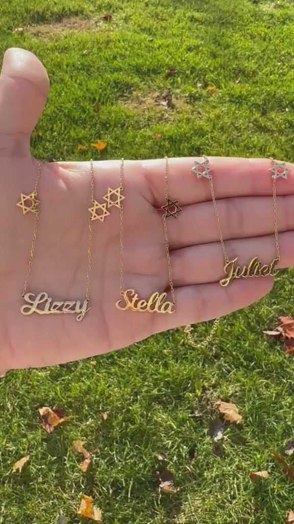 Nameplate with Jewish stars | personalized name necklace with Star of David | Jewish star nameplate necklace | Jewish star name necklace