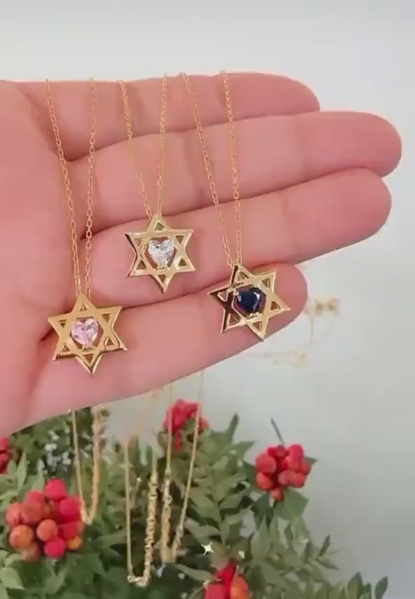 Floating diamond heart Star of David necklace | floating diamond heart jewish star necklace